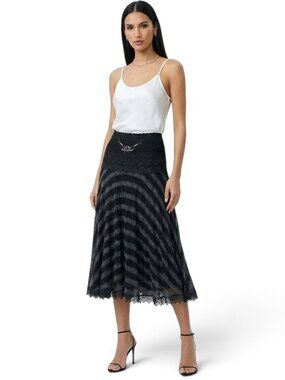 Alberto Makali Black w/ Charcoal Gray Knit Lace Trim Beaded Flared Skirt 12
